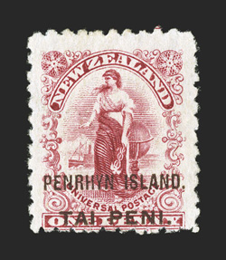 2a, 1902 1p Carmine surcharged PENRHYN ISLAND. in brown, perforated 11, unused, bright color, fine ex-Sovereign (S.G. 3 £850).