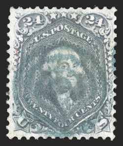 70b, 24c Steel blue, used, well centered and margined, rich Steel blue color, light blue target cancel, tiny red mark (postmark?) at left and a miniscule repair, choice very
fine appearance clear 1965 PF certificate.