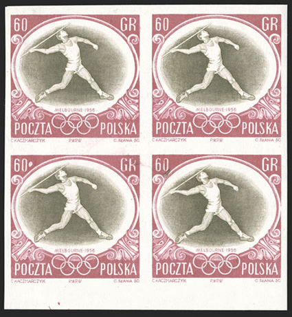 754 var., 1956 60gr Javelin thrower imperforate, an exceedingly rare bottom sheet-margin mint block of four of this sought-after error, with large even margins on the other
three sides, o.g., n.h., several light creases as usual and bottom right