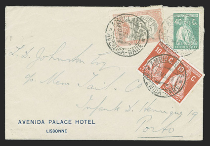 RA14, 1928 15c Olympic games postal tax issue, single tied along with horizontal pair 10c Red and 40c Green (236, 262) by three strikes of double circle Ambulancias Avenida
Gare24 Mai 28 (Lisbon) postmarks to cover to Porto, fresh and very f