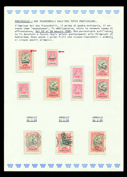 RA14, RAJ5, 1928 Olympic games 15c Postal Tax and 30c Postal Tax Due lot comprised of mint singles of each, both with Especimen overprints, ungummed vertical imperforate pairs
of each and examples of RA14 cancelled on each of the three days i