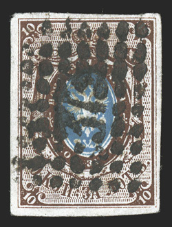 1 var., 1857 10k Brown and blue, watermark shifted horizontally, a select used example of this scarce variety, large margins all around, rich luxuriant colors, bold 37 in
rectangular dotted grid of Disna cancel, extremely fine signed Friedema