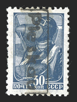 Pleskau Michel 3P, 1941 30k Prussian blue with half of boxed Pleskau handstamped trial overprint in black, excellent centering and fresh, o.g., light gum disturbance from
mount at left, extremely fine and rare only 50 examples were produced