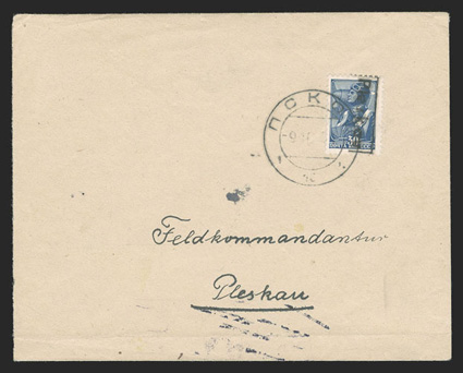 Pleskau Michel 3P, 1941 30k Prussian blue with half of boxed Pleskau handstamped trial overprint in black, tied to locally addressed cover by clear double circle Pskova9.10.41
datestamp, very fine and rare only 50 of these trial overprint