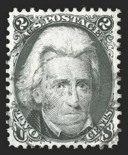 73, 2c Black, used, beautifully centered, with large balanced margins all around, strong color and a well incised impression on bright paper, unusually light cancel, extremely
fine a particularly handsome and choice Two Cent Black Jack 1989 PF