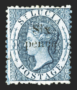 26, 1863 Six pence on (4p) Slate blue, prepared for use but not issued, unused, strong rich color and impression, traces of o.g., a fine example of this scarce stamp 1979 PF
certificate ex-Schneider, Rinkoff (S.G. 10 £1,100).
