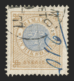 Facit 27cV.1, 1873 1Rd Yellowish brown and ultramarine, double impression, the second impression being lighter though quite distinct and shifted to the left, well centered and
rich colors, light Malmo c.d.s. and a blue ms. postal marking, faint