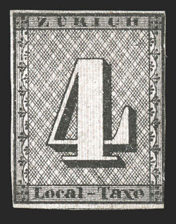 1L1, 1843 4r Black Zurich cantonal, vertical red lines, Type III, a very rare unused single, with strong color and impression, clear vertical red lines, three full margins,
close margin at right that just touches the frame line at the bottom, ov