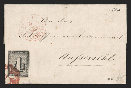 1L1, 1843 4r Black Zurich cantonal, vertical red lines, select example with four large margins tied by red rosette cancel with matching Vormittag 25 Dec 1847 c.d.s. on folded
letter to Aussersihl, stamp with easily defined vertical lines, strong
