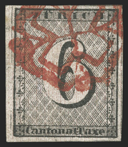 1L2, 1843 6r Black Zurich cantonal, vertical red lines, Type I, left sheet-margin single, with the other three margins also quite large, fresh color and a strong impression,
bright red rosette cancel, choice very fine 2009 von der Weid certific