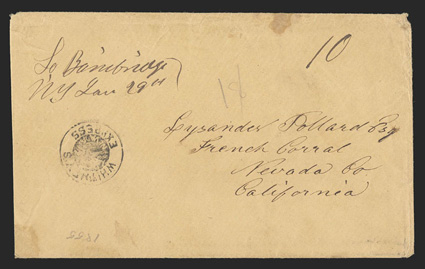 Whitneys Express, small double circle handstamp with negative Nevada and pony rider at center on buff westbound cover to French Corral, Nevada Co., California, with manuscript
So. BainbridgeNY Jan 29th origin postmark and matching 10 rate