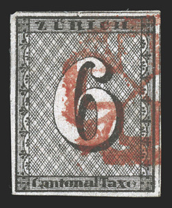 1L2, 1843 6r Black Zurich cantonal, vertical red lines, Type II, position 87, an impressive used example that features four large and balanced margins, an uncommonly strong
impression on fresh paper, bright red rosette cancel, very fine and choi