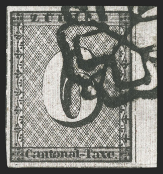 1L2, 1843 6r Black Zurich cantonal, vertical red lines, Type V, position 10, an extraordinary quality used single, being a right sheet-margin example, with the other three
margins large and balanced, rich color and an excellent clarity of impres