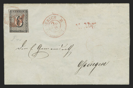 1L2, 1843 6r Black Zurich cantonal, vertical red lines, single tied by red rosette cancel with matching Zurich 1843 c.d.s. and N.Abg on folded letter to Ohsingen, Andelfingen
backstamp, stamp with large to very large margins including portions