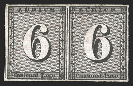 1L4, 1846 6r Black Zurich cantonal, horizontal red lines, a rare mint horizontal pair, Types IV-V, positions 34-35, full margins all around, strong fresh color with clear red
lines, full original gum, very fine any multiple of this stamp is