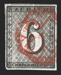 1L4, 1846 6r Black Zurich cantonal, horizontal red lines, Type I, position 96, four full margins, especially deep and intense color, razor-sharp impression on fresh paper,
bright red rosette cancel faint horizontal crease, otherwise very fine 1