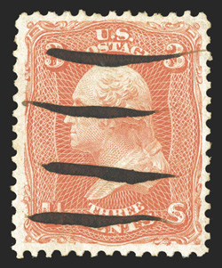 74, 3c Scarlet, brilliant color and impression, without any of the surface mottling that affects a large percentage of existing examples, four neat pen-stroke cancels,
exceptionally well centered and margined, very fine this trial printing was