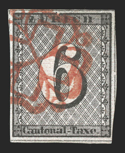1L4, 1846 6r Black Zurich cantonal, horizontal red lines, Type III, position 88, full to large margins around except a little closer at bottom right, lovely strong color and a
well defined impression, clear red lines, red rosette cancel, very fi