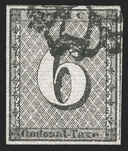 1L4, 1846 6r Black Zurich cantonal, horizontal red lines, Type IV, position 79, full margin around, quite fresh, with crisp impression, rosette cancel, very fine and
attractive signed Moser and accompanied by his 1968 certificate (Zumstein 2W