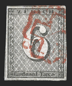 1L4, 1843 6r Black Zurich cantonal, horizontal red lines, Type IV, position 44, large margins around showing portions of the dividing lines on all sides, traces of the
horizontal red lines visible, red rosette cancel, small central repair barely