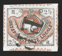 1L5, 1850 2½r Black and red Zurich cantonal, an especially handsome and desirable used example of this scarce cantonal, exceptionally large margins around showing significant
portions of the ornamental dividing lines on all four sides, marvelous