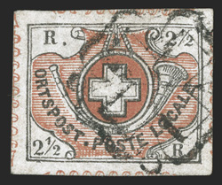 1L5, 1850 2½r Black and red Zurich cantonal, four large margins, with the separation designs on all four sides, bright colors, light black rosette cancel, a very fine and
pretty example of this scarce cantonal signed E. Diena and accompanied by