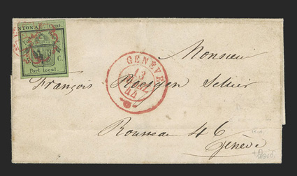2L1a, 1843 10c Black on yellow green Geneva cantonal, right hand portion with full even margins all around, bright color, tied by light red rosette cancel with matching Geneve
13 Avril 44 c.d.s. on petite folded cover, a very fine and choice e