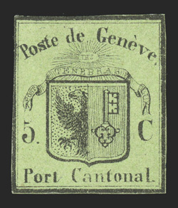 2L2, 1845 5c Black on yellow green Geneva cantonal, a rare mint example, with part original gum, close margins around that touch the frame line in a couple places, fresh
color, fine 1983 Rellstab certificate (Zumstein 5 SF4,100).