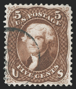 75, 5c Red brown, desirable used single, uncharacteristically well centered, sumptuously rich color and a deeply etched impression, light cancel, extremely fine 2009 PF
certificate (VF-XF 85).