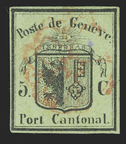 2L2, 1845 5c Black on yellow green Geneva cantonal, ample to large margins all around, exceedingly bright and fresh, light red rosette cancel, very fine signed Fulpius and
accompanied by a 2009 von der Weid certificate (Zumstein 5 SF2,150).