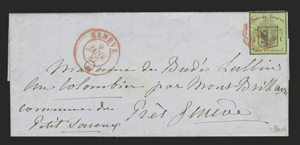 2L2, 1845 5c Black on yellow green Geneva cantonal, single with clear to full margins all around tied by light red rosette cancel with matching Geneve 9 Janv 47 c.d.s. on
folded letter to Aigle, fresh and very fine and rare 2009 von der Weid
