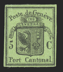 2L3, 1847 5c Black on yellow green Geneva cantonal, unused, four full to large margins, exceptionally bright and fresh, very fine and attractive signed several times including
A. Brun, plus a 1985 Rellstab certificate (Zumstein 6 SF2,875).