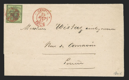 2L3, 1847 5c Black on yellow green Geneva cantonal, attractive single with four full to large margins and bright color, tied by red rosette cancel with matching Geneve 25 Aout
47 c.d.s. on folded cover, very fine a lovely cover bearing this r