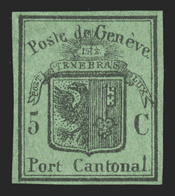 2L4, 1848 5c Black on dark green Geneva cantonal, seldom seen unused single, full to mostly large margins all around, deep paper color, light horizontal crease, otherwise very
fine 1983 Rellstab certificate (Zumstein 7 SF6,100).