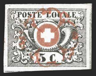 2L6, 1850 5c Black and red Geneva cantonal, full to large margins all around, including some portion of the dividing lines on all sides, quite fresh, horizontal crease, very
fine appearance signed Fulpius, E. Diena and accompanied by a 2009 von