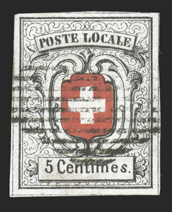 2L7, 1851 5c Black and red Geneva cantonal, four large margins showing portions of the dividing lines on all four sides, extraordinarily fresh, with bright colors on
immaculate white paper, light grid cancel, extremely fine a marvelously choice