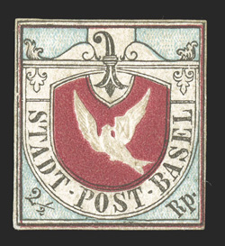 3L1, 1845 2½r Black, crimson and blue Basel Dove, a desirable and very rare unused example of this popular cantonal, with ample margins on all four sides, fresh color, strong
embossing, very fine a lovely and pleasing copy of a stamp that is qu
