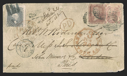 78b, 24c Gray, natural s.e. at left, tied by cork cancel and red London Paid receiver to cover to London, red New York Am Plt.3Jun 30 exchange office postmark, then forwarded
to Paris with Great Britain 1d Rose red and 3d Vermilion (33, 44)