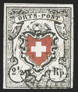 3, 1850 2½r Black and red, without frame around cross, Type 30, full to mostly large margins all around, with dividing lines on three stamps, exceptionally bright and fresh,
light St. Gallen 1850 c.d.s. cancel, faint corner crease, otherwise ver