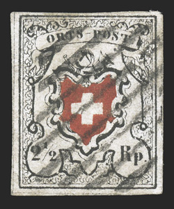 3, 1850 2½r Black and red, without frame around cross, Type 8, full to mostly large margins around, strong colors, grid cancel, minute trace of a paper crease at left,
otherwise a very fine example of this scarce stamp 1995 Rellstab certificate