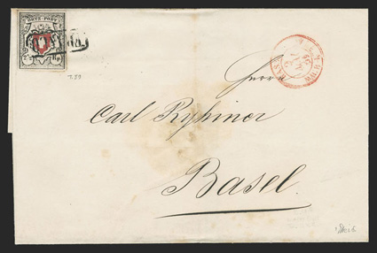 3, 1850 2½r Black and red, without frame around cross, single with large margins showing dividing lines on all sides, tied by boxed FRANCO handstamp on 1850 local folded
cover, red Basel c.d.s., cover with some aging, the stamp is very fine 2