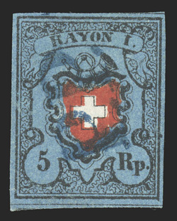 5, 1850 5r Black and red on dark blue, with frame around cross, Type 27, four large margins, deeply rich colors, blue P.P. cancel, tiny tear in the left margin at bottom (not
mentioned on the certificate), very fine clear 1998 Rellstab certif