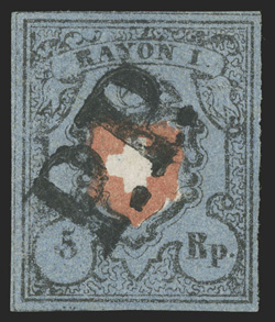 7c, 1850 5r Black and red on greenish blue, without frame around cross, Type 9, full to mostly large margins all around, strong colors, crisp P.P. cancel, very fine 2009 von
der Weid certificate as the generic dark blue shade (Zumstein 15IIa