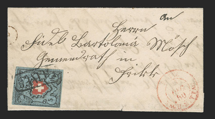 7c, 1850 5r Black and red on greenish blue, without frame around cross, Type 32, full to mostly large margins all around, tied by oval boxed Franco handstamp on 1860 small
folded letter to Frikk, red Basel Dec 19, 1860 double ring c.d.s., cove