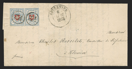 10, 1851 5r Light blue and red, horizontal pair, with full to mostly large margins around and especially fresh colors, cancelled by P.P. in circle cancels with matching
Auvernier6 Mai 1853 c.d.s. on folded letter, small scissor cut between