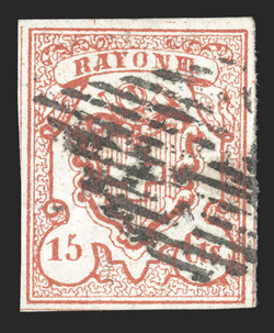 13, 1852 15c Vermilion, Type 2, four large margins, brilliantly fresh color on clean white paper, grid cancel, very fine and an attractive example of this scarce stamp 1984
Rellstab certificate (Zumstein 19 SF1,300).