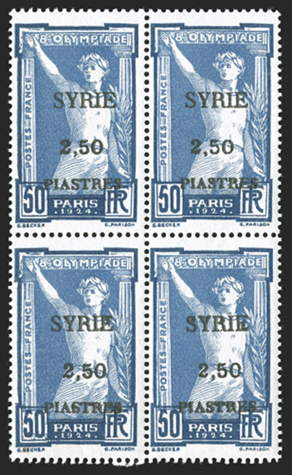 133-136, 1924 50c on 10c to 2.50p on 50c Olympic games cplt, fresh mint blocks of four, nicely centered, o.g., n.h., one 2.50p with small spot on gum, otherwise fine-very fine
set.