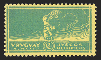 282-84 Footnote, 1924 2c-12c Olympic games on yellow paper cplt., 5c a right margin part imprint single, post office fresh, o.g., n.h., fine-very fine only 500 sets were
produced, many of which were affixed in official post office department so
