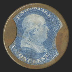 EP13, Ayers Sarsaparilla, 1c Blue, fully intact mica with just a couple trivial scratches, stamp has deep rich color, case is quite fresh, very fine and in far superior quality
than typically found clear 2009 PF certificate.