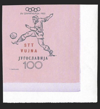 359-64 and Trieste 51-56, 1952 5d-100d Olympic games imperforate cplt., Yugoslavia set top sheet-margin singles and Trieste set bottom right corner-margin singles, 359 hinged
in selvage only and 51 with minor gum glaze from mount, otherwise o